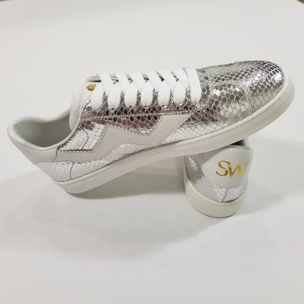 Stuart Weitzman Shoes Womens Size 5 Silver Daryl Metallic Snake Leather Sneakers